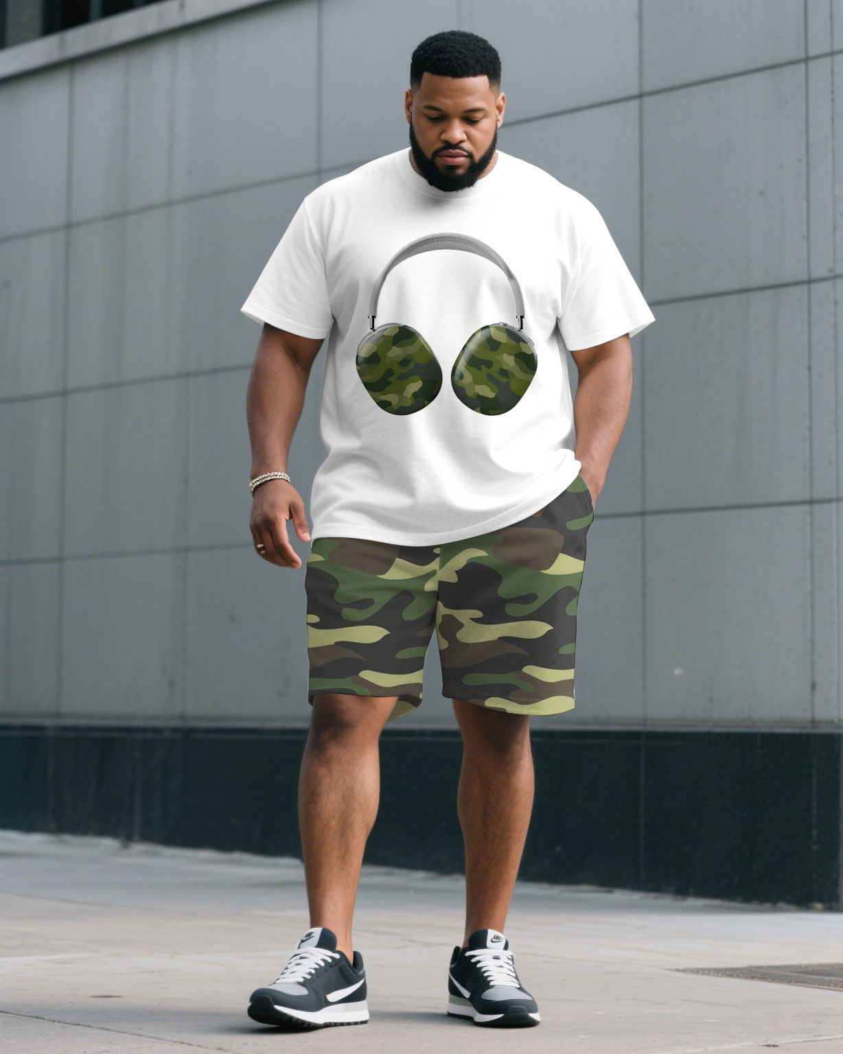 Big & Tall White Green Camouflage T-Shirt Shorts Set for big men view 1