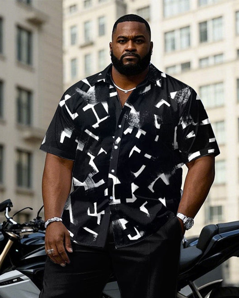 Big & Tall Black Geometric Graphic T-Shirt Pants Set for big men view 2