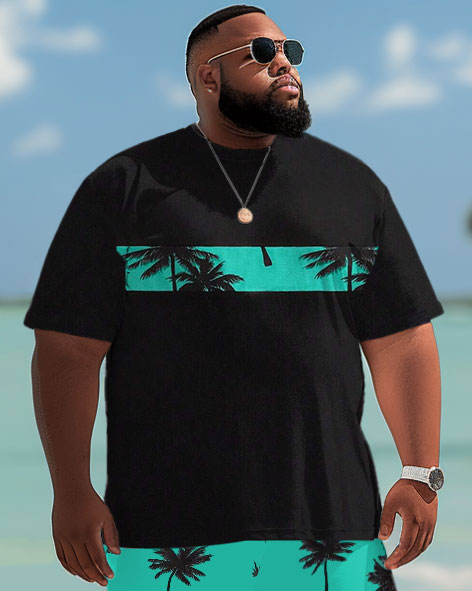Big & Tall Black Blue Hawaiian T-Shirt Shorts Set for men view 3