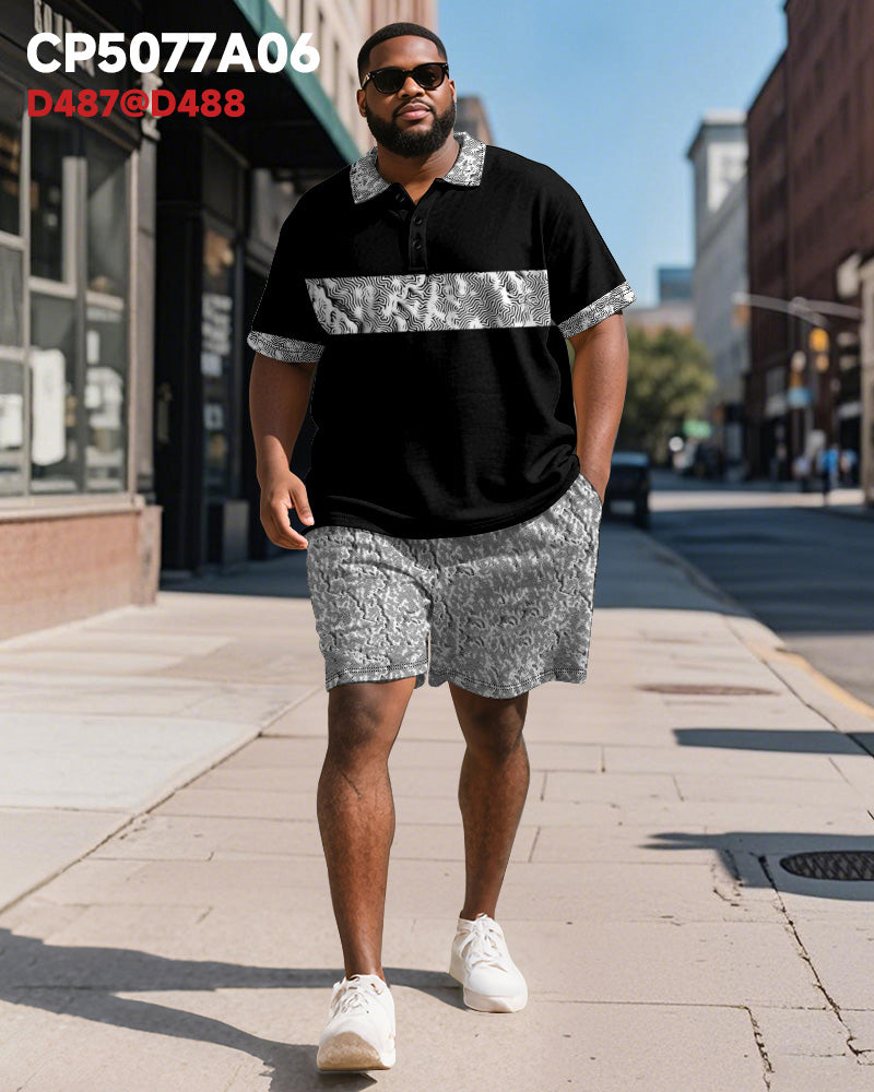 Big & Tall Black Patchwork Polo Shorts Set for big men view 2