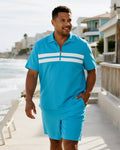 Big & Tall Blue Striped Graphic Polo Shorts Set for big men view 1
