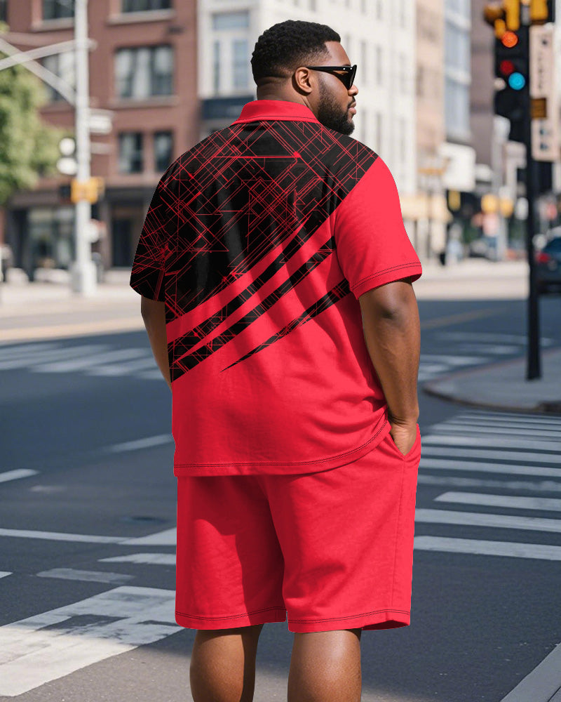Big & Tall Black Red Colorblock Polo Shorts Set for big men view 5