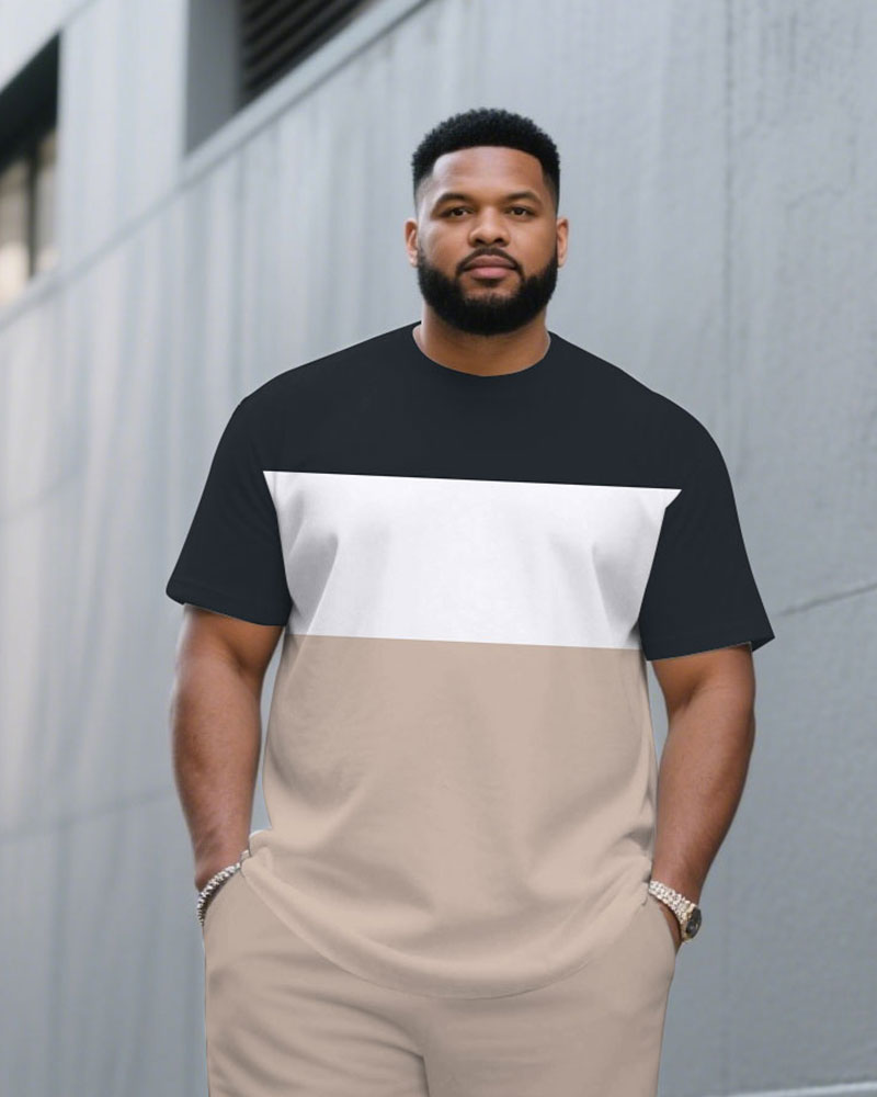 Big & Tall White Khaki Colorblock T-Shirt Shorts Set for big men view 2
