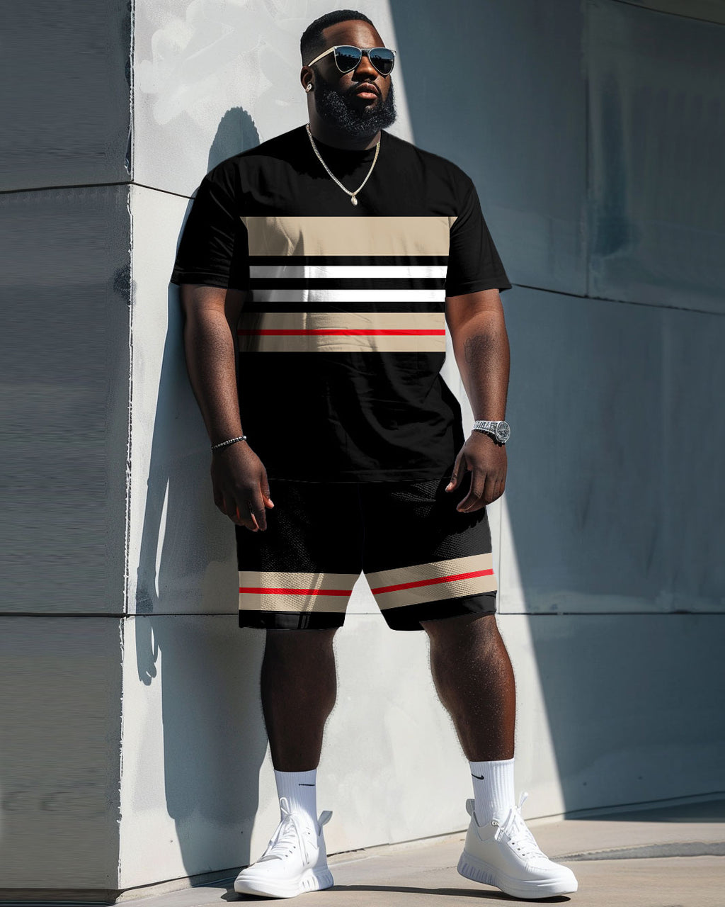 Big & Tall Colorblock Striped T-Shirt Shorts Set for big men view 1