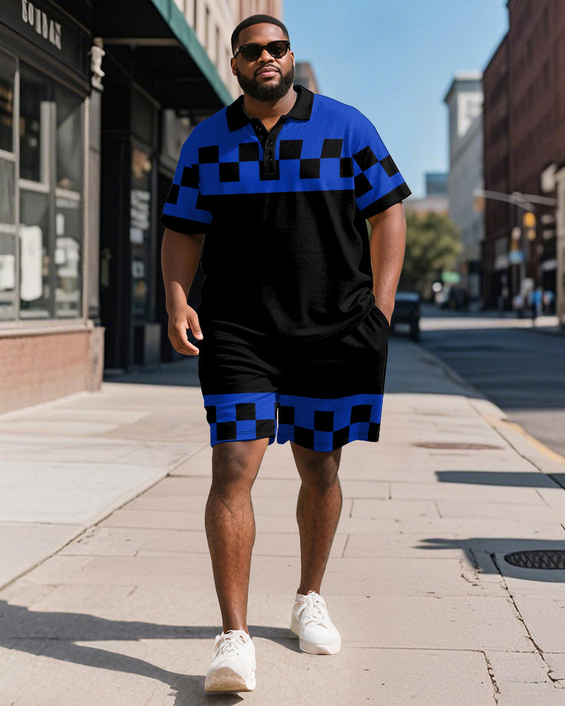 Big & Tall Blue Colorblock Graphic Polo Shorts Set for big men view 1