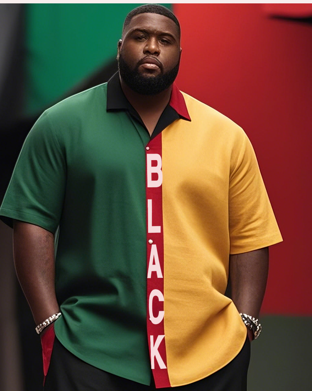 Big & Tall Black Green Splash Ink T-Shirt Shorts Set for big men view 2