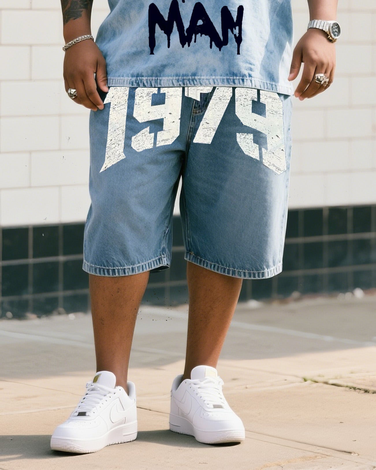 Big & Tall Denim Graphic T-Shirt Shorts Set for big men view 3