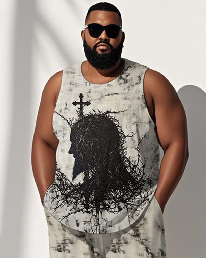 Big & Tall Geometric Graphic Patchwork Vest Pants Set for big men view 2