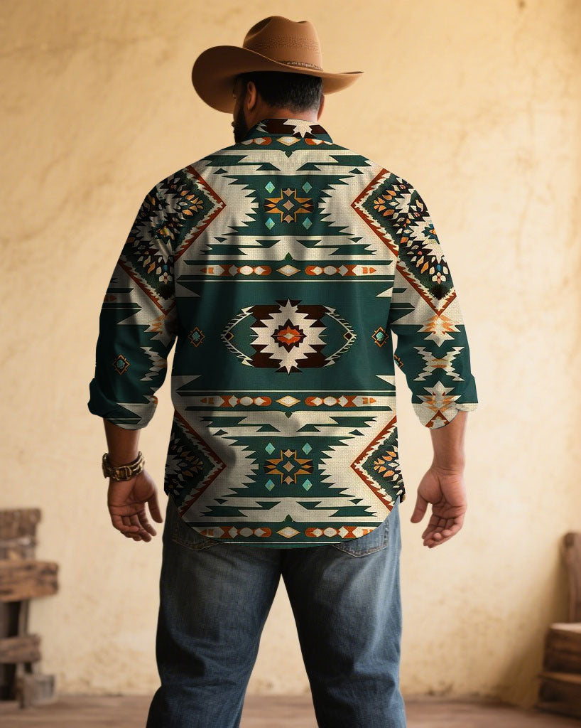 Big & Tall Green Gray Western Long Sleeve Shirt for big men view 2