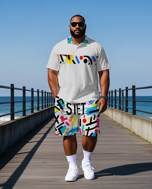 Big & Tall Striped Graphic Graffiti Polo Shorts Set for big men view 1