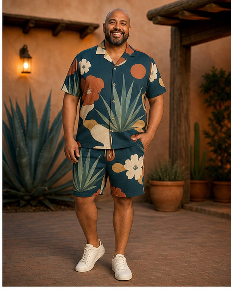 Big and tall man wearing the Agave Sun Cutout matching set in a coordinated lifestyle setting