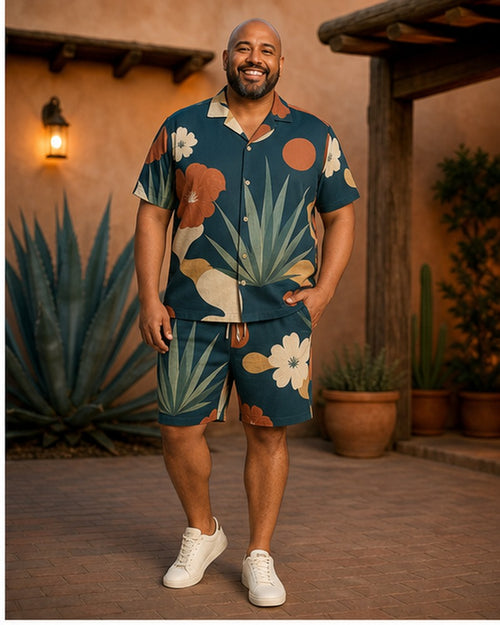 Big and tall man wearing the Agave Sun Cutout matching set in a coordinated lifestyle setting