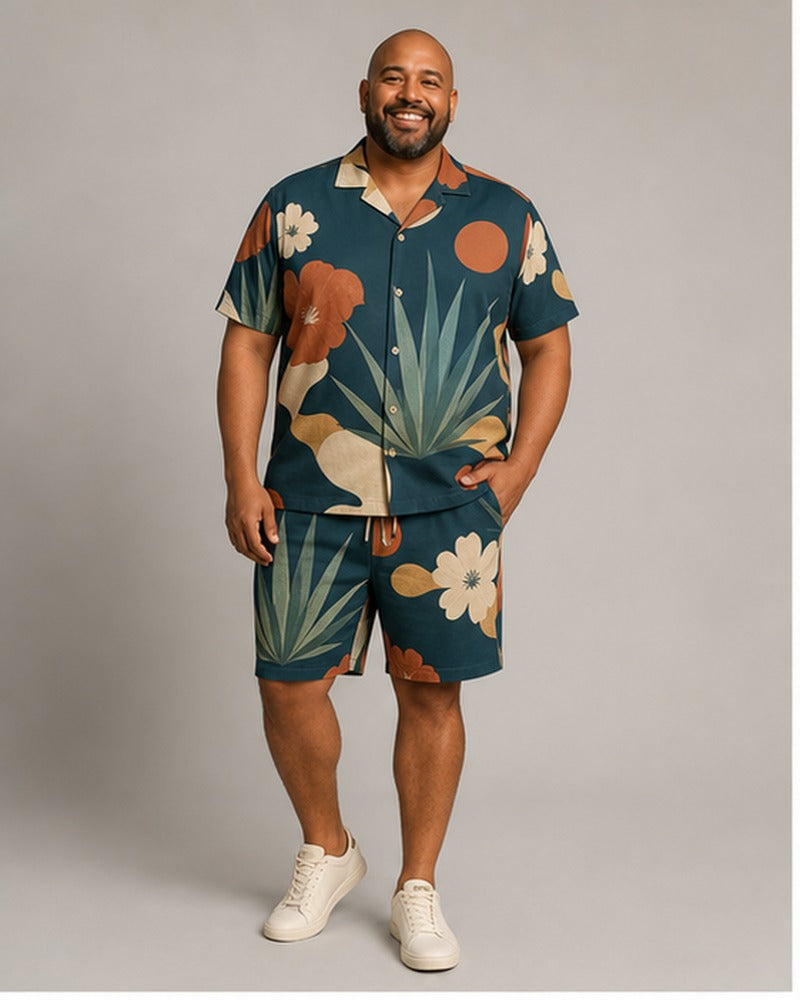Big and tall man wearing the Agave Sun Cutout pocket-free shirt and matching shorts set, clean full-body studio view