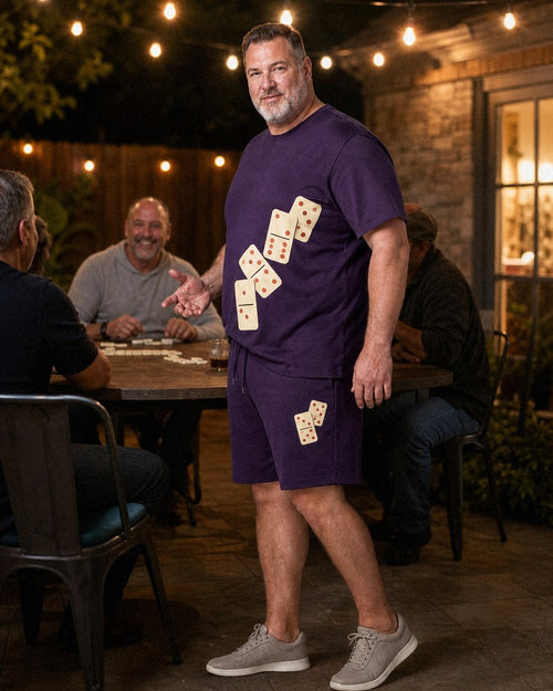 Big and tall man styling the Aubergine Ivory Domino Night t-shirt and matching shorts set in a natural lifestyle scene
