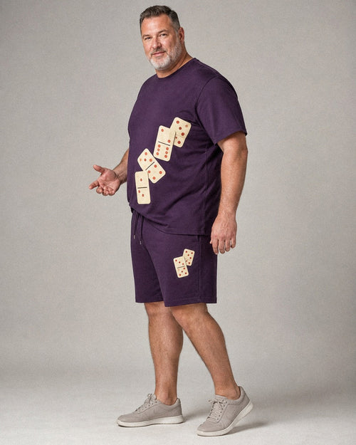 Big and tall man wearing the Aubergine Ivory Domino Night t-shirt and matching shorts set, full-body product view