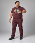 Burgundy Brass Fanrail complete T-shirt and pants set, full body studio view