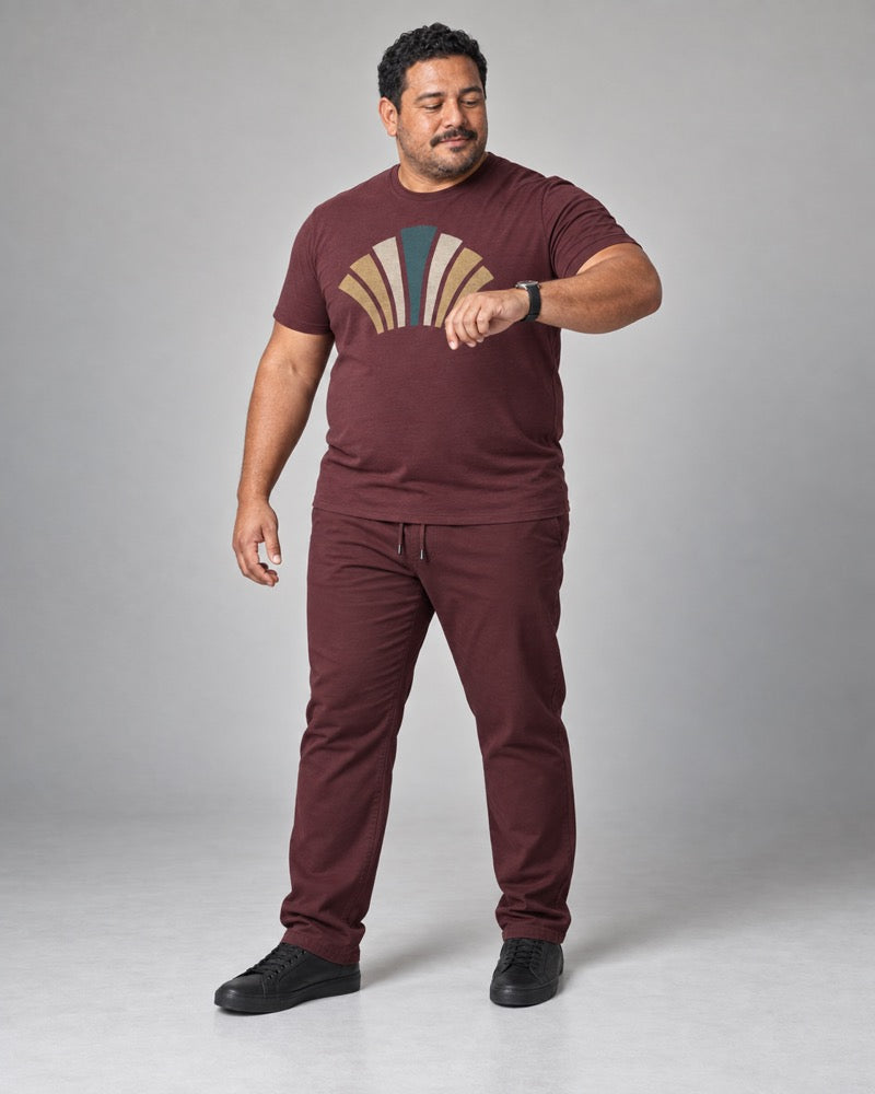 Burgundy Brass Fanrail complete T-shirt and pants set, full body studio view