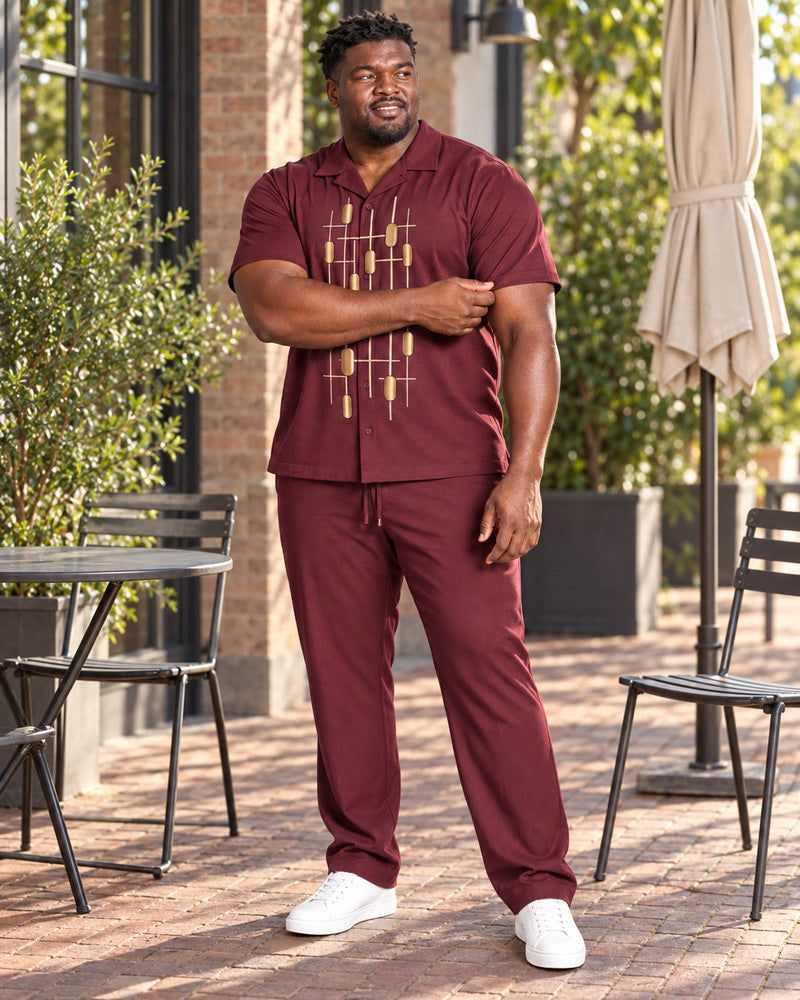 Burgundy Brass Pendulum Grid outfit worn at an ordinary casual bistro patio