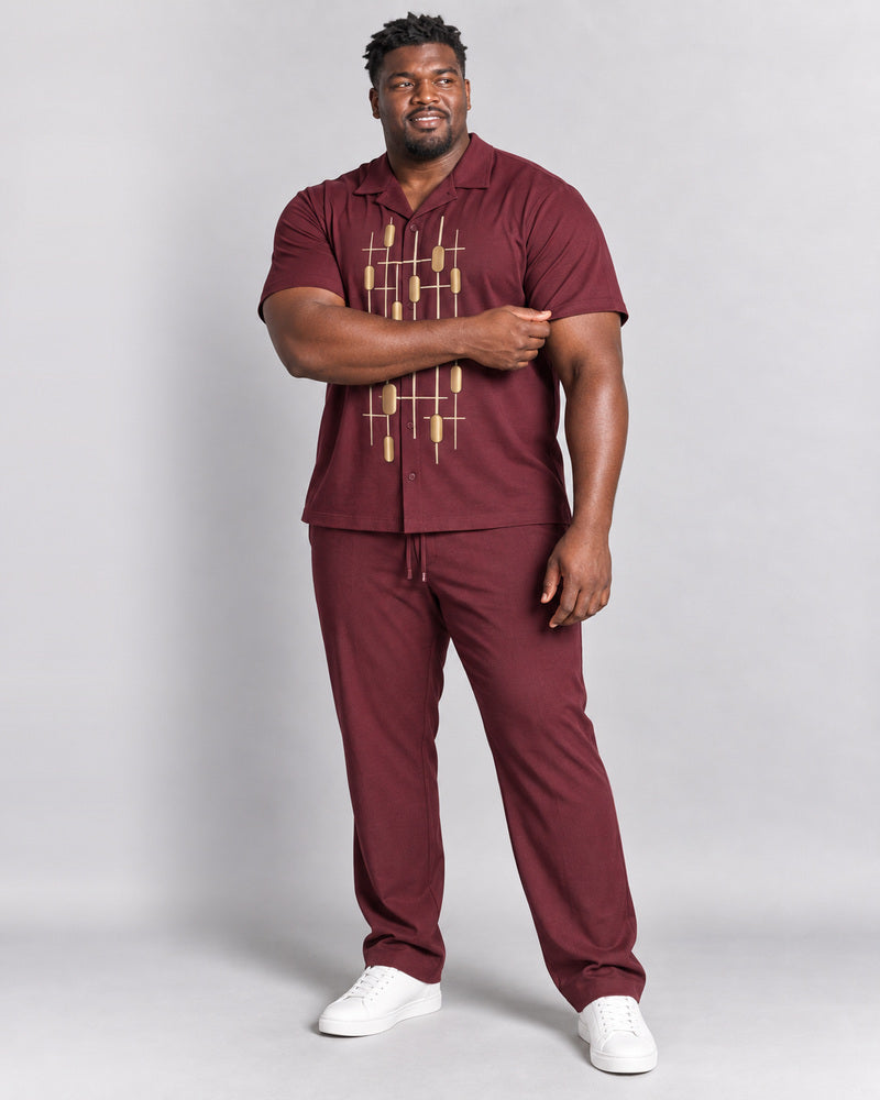 Burgundy Brass Pendulum Grid complete pocket-free shirt and pants set, full body studio view