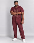 Burgundy Brass Pendulum Grid complete pocket-free shirt and pants set, full body studio view
