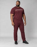 Burgundy Brass Quiet Span complete t-shirt and pants set, full body studio view