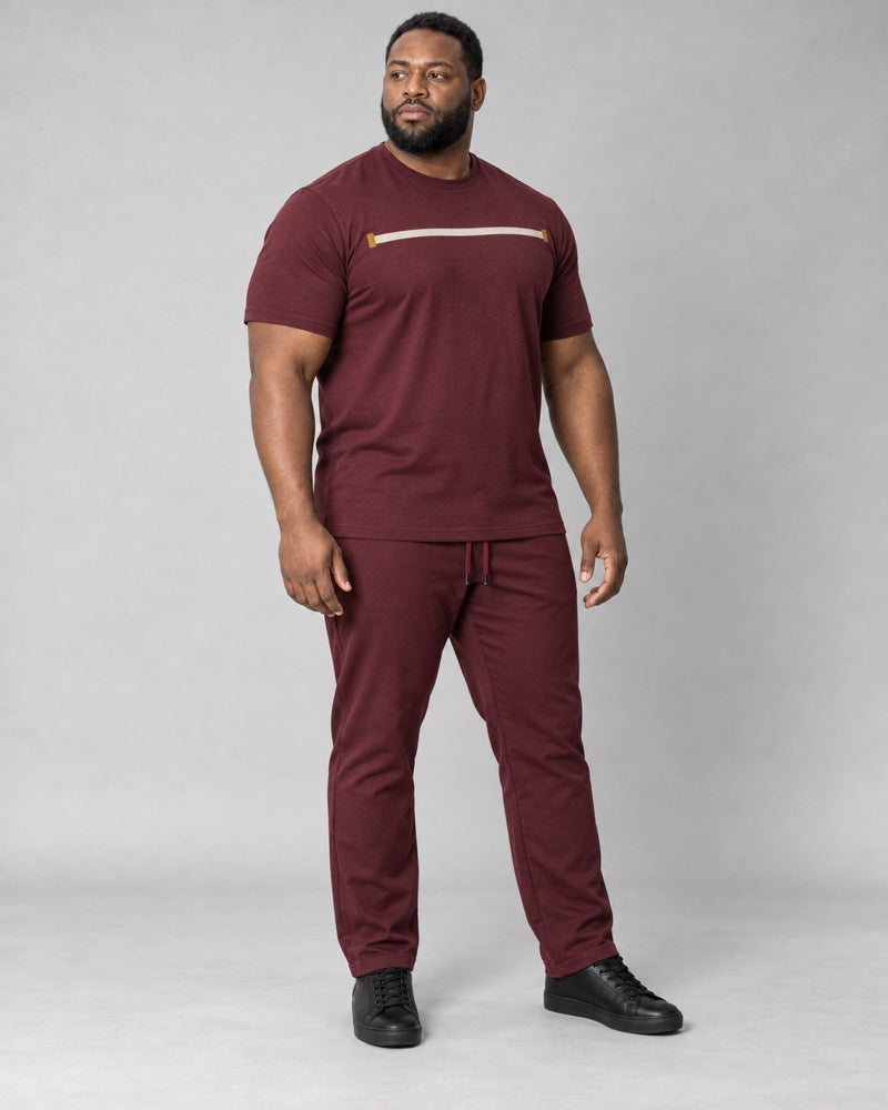 Burgundy Brass Quiet Span complete t-shirt and pants set, full body studio view