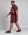 Burgundy Brass Wide Orbit complete t-shirt and shorts set, full body studio view