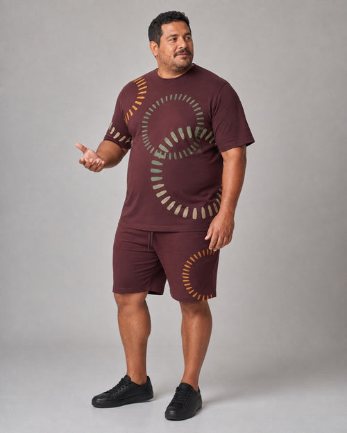 Burgundy Celadon Dial Bloom complete T-shirt and shorts set, full body studio view