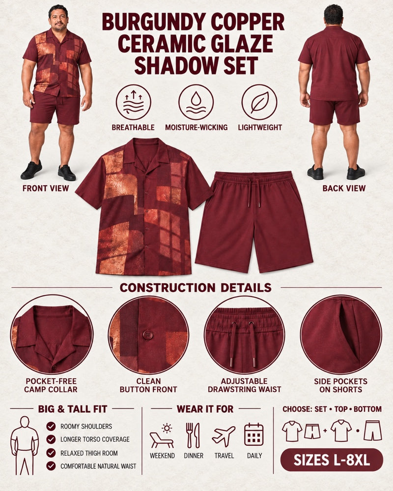 Burgundy Copper Ceramic Glaze Shadow front and back, construction, fit, occasions and Set Top Bottom buying guide