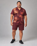 Burgundy Copper Ceramic Glaze Shadow complete shirt and shorts set, full body studio view