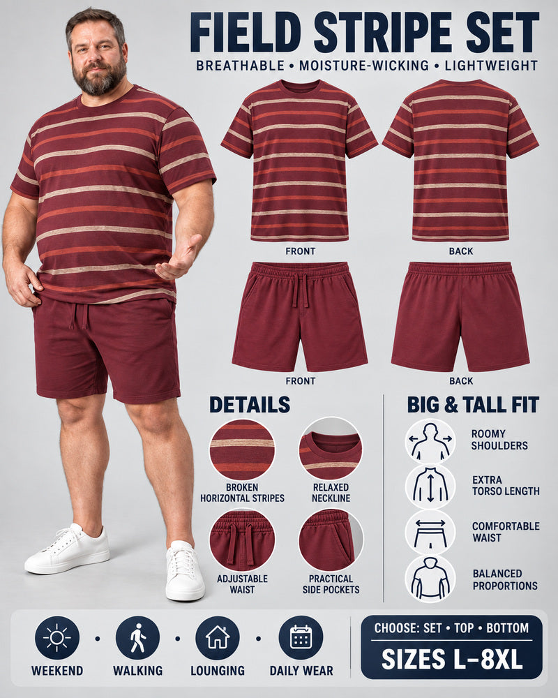Burgundy Oat Field Stripe front and back, construction, fit, occasions and Set Top Bottom buying guide