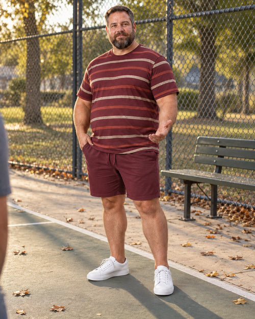 Burgundy Oat Field Stripe outfit worn at an ordinary neighborhood recreation-court sideline
