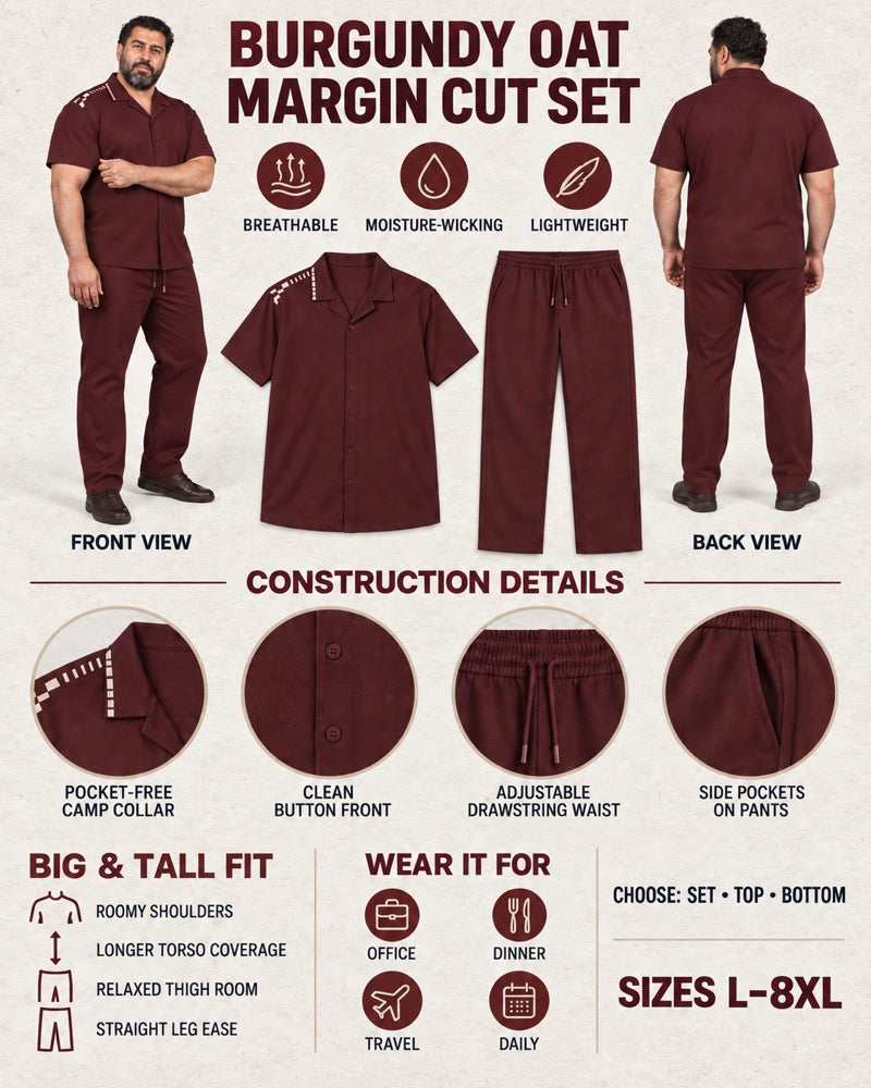 Burgundy Oat Margin Cut front and back, construction, fit, occasions and Set Top Bottom buying guide