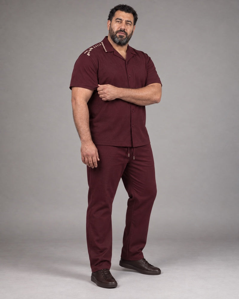 Burgundy Oat Margin Cut complete shirt and pants set, full body studio view
