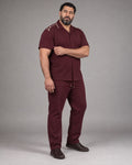 Burgundy Oat Margin Cut complete shirt and pants set, full body studio view