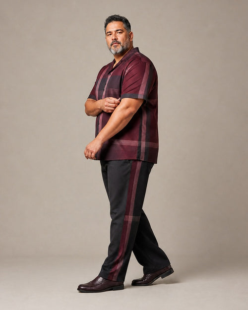 Big and tall man wearing the Burgundy Shadow Plaid pocket-free shirt and matching pants set, full-body product view