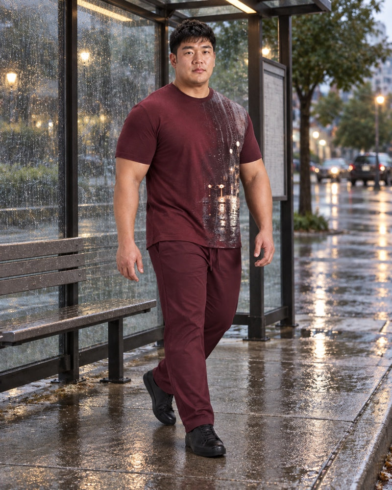 Burgundy Stone Rainline Glass outfit worn at an ordinary covered bus shelter after rain with clear glass panels, wet pavement, plain bench and blank timetable case