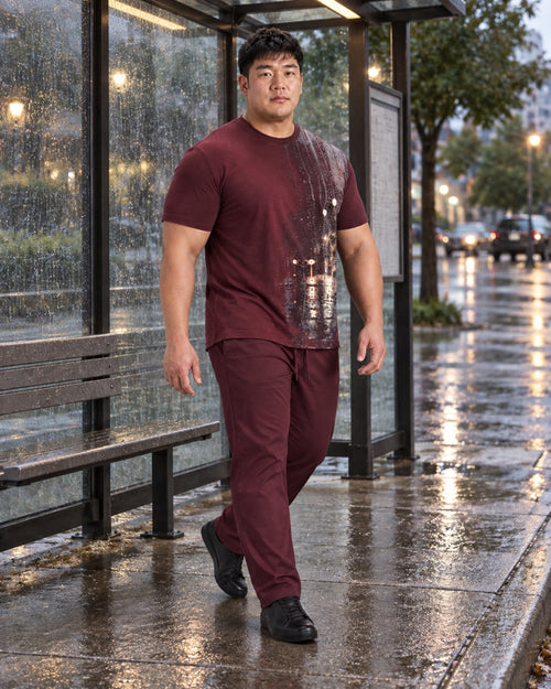 Burgundy Stone Rainline Glass outfit worn at an ordinary covered bus shelter after rain with clear glass panels, wet pavement, plain bench and blank timetable case