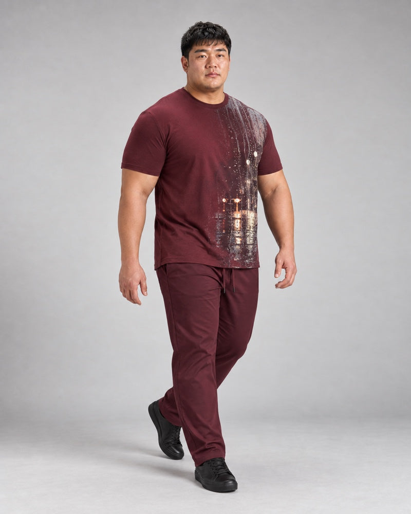 Burgundy Stone Rainline Glass complete t-shirt and pants set, full body studio view