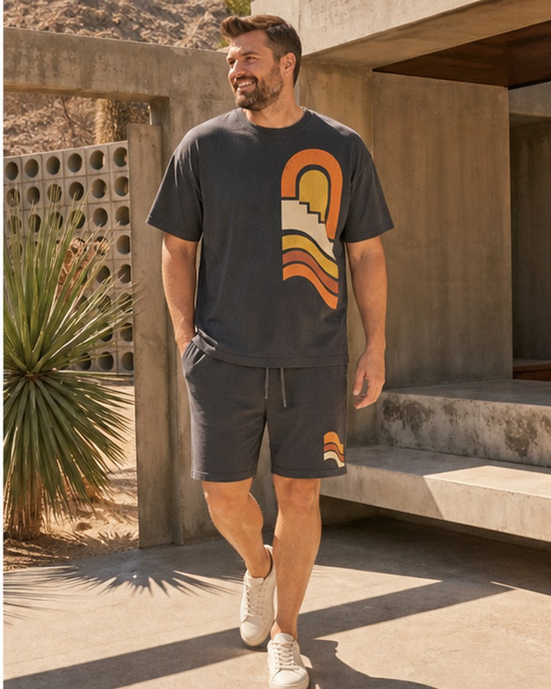 Big and tall man wearing the Canyon Sun Relay matching set in a coordinated lifestyle setting
