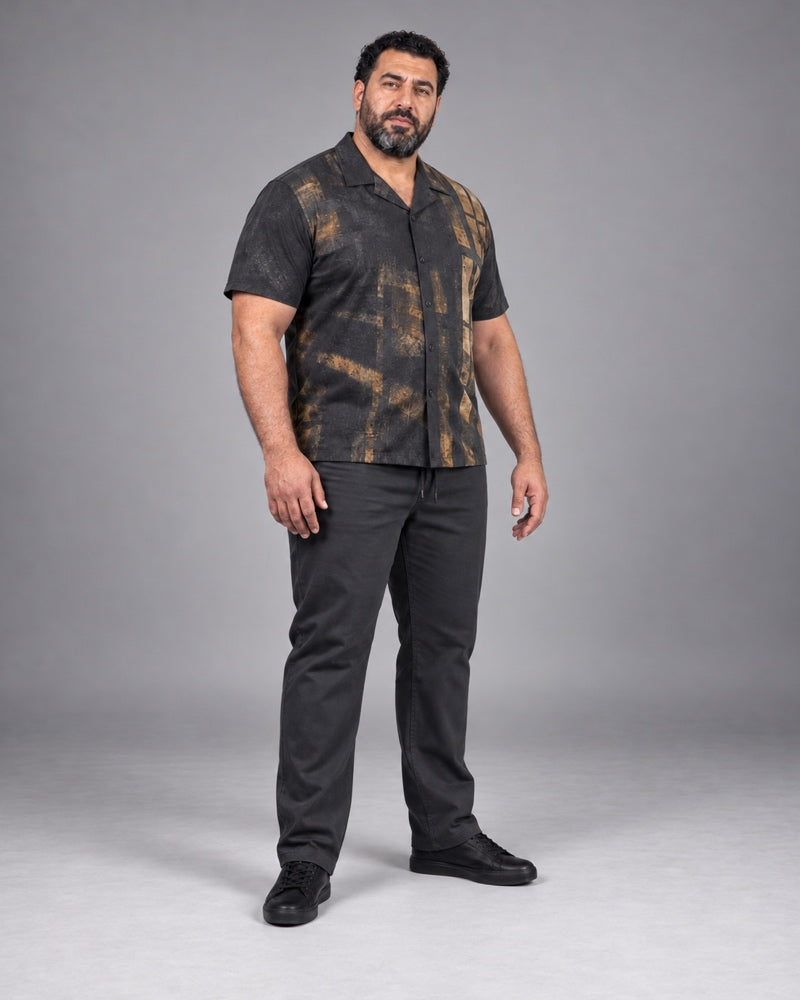 Charcoal Brass Foundry Window complete shirt and pants set, full body studio view