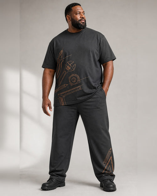 Big and tall man wearing the Charcoal Ember Workbench t-shirt and matching pants set, full-body product view
