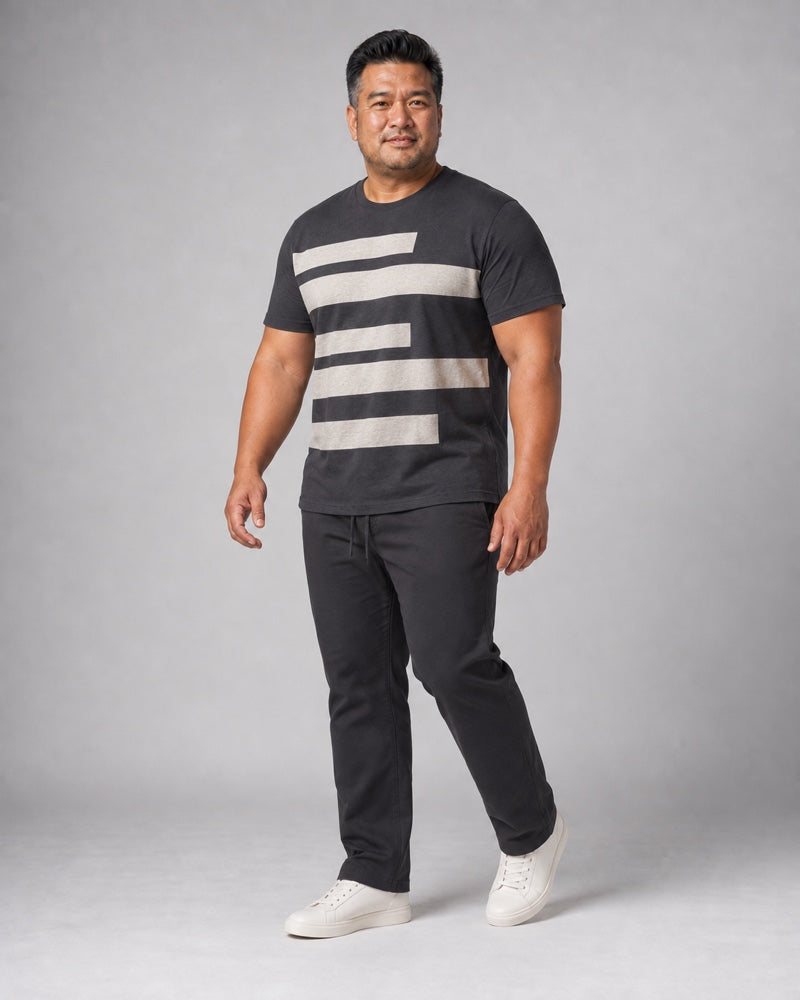 Charcoal Oat Wide Track complete t-shirt and pants set, full body studio view