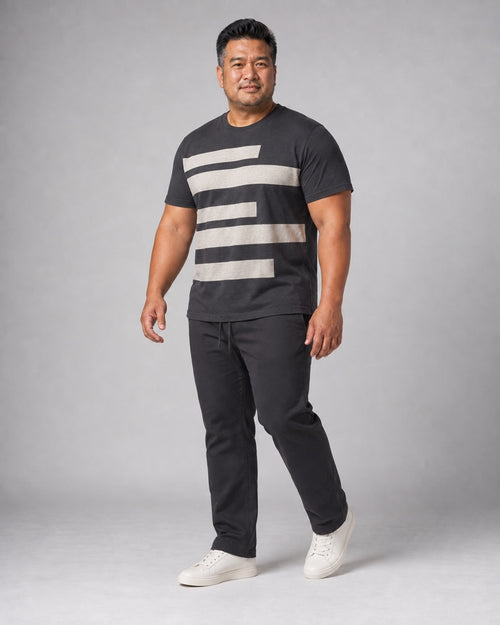 Charcoal Oat Wide Track complete t-shirt and pants set, full body studio view