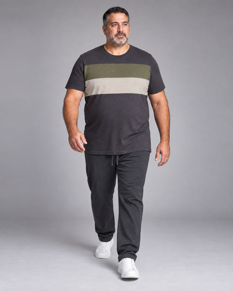 Charcoal Olive Block Relay complete T-shirt and pants set, full body studio view