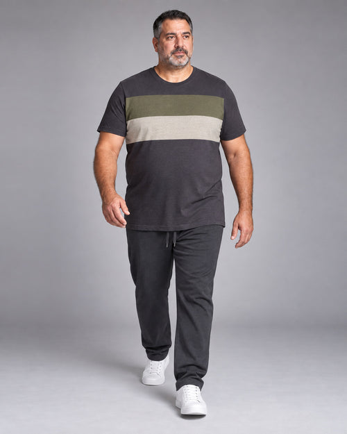 Charcoal Olive Block Relay complete T-shirt and pants set, full body studio view