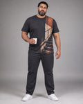 Charcoal Rust Stairwell Light complete T-shirt and pants set, full body studio view