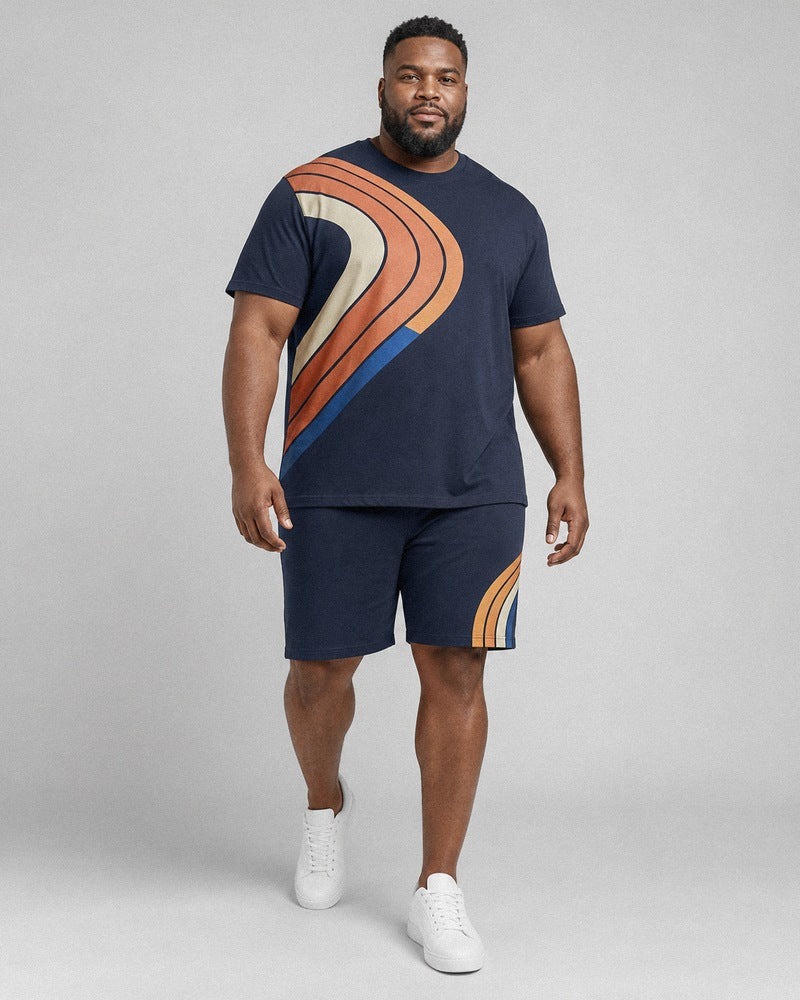 Big and tall man wearing the Cinder Track Relay t-shirt and matching shorts set, full-body product view