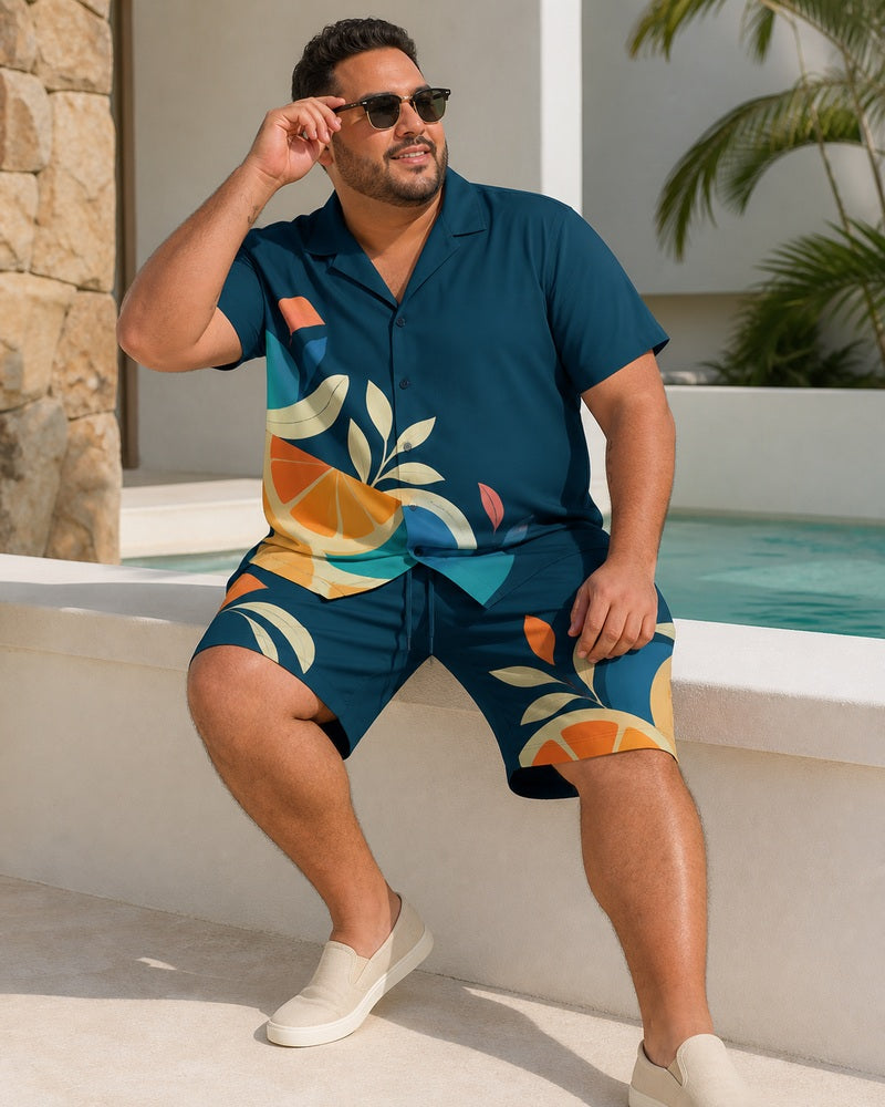 Big and tall man wearing the Citrus Tide matching set in a bright resort setting