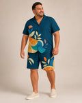 Big and tall man wearing the Citrus Tide pocket-free camp shirt and matching shorts set, clean full-body studio view